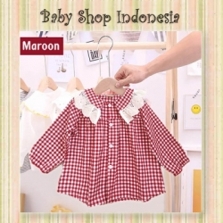 large PK185 Atasan Anak Perempuan Lengan Panjang Baju Tunik Anak Tartan Renda Maroon